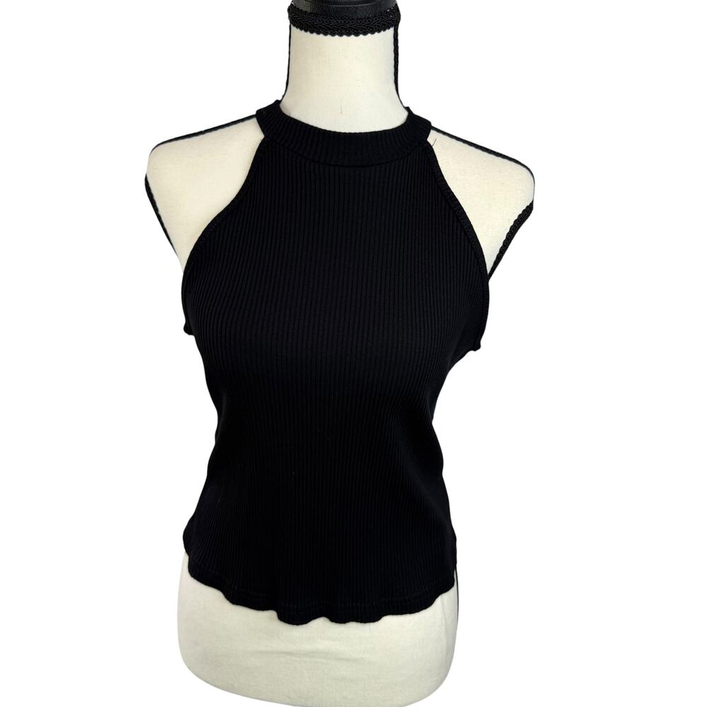SHEIN Black Ribbed Halter Mock Neck Tank Top Sleeveless Stretch Women's L
